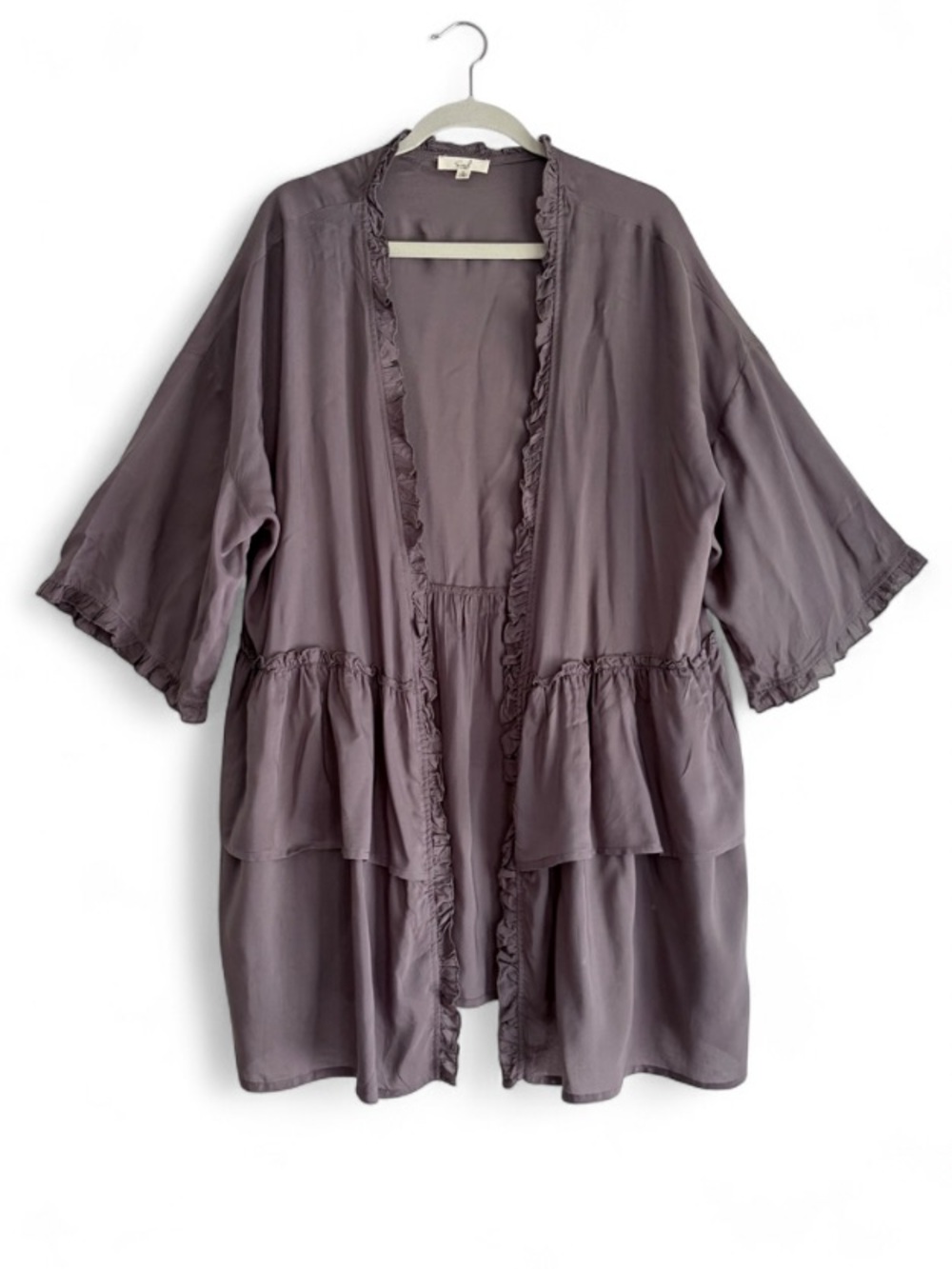 Easel Gray 100% Cotton Tiered Ruffle Open Cardigan Kimono Boho Blouse Size L